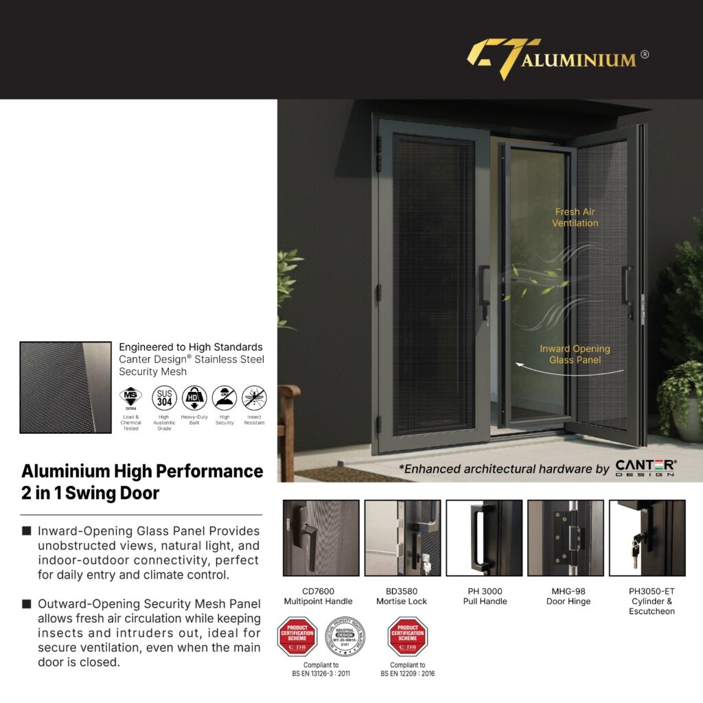 2 in 1 Swing Door features with SUS304 security mesh and hardware