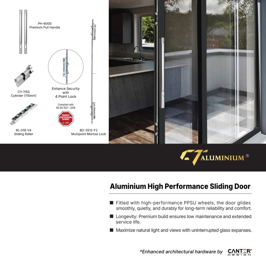CT Aluminium high-performance aluminium sliding door profile and system details.