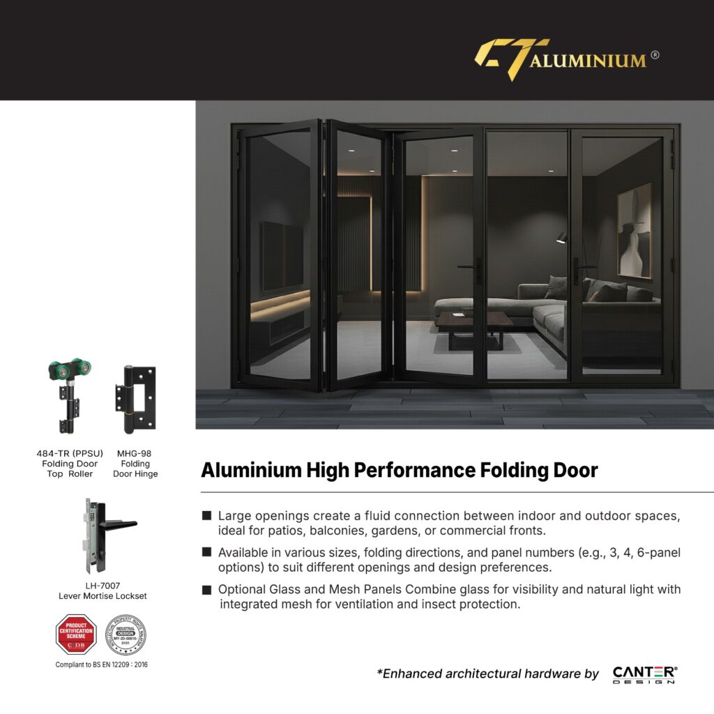 High-performance aluminium folding door system with PPSU roller and hardware by CT Aluminium