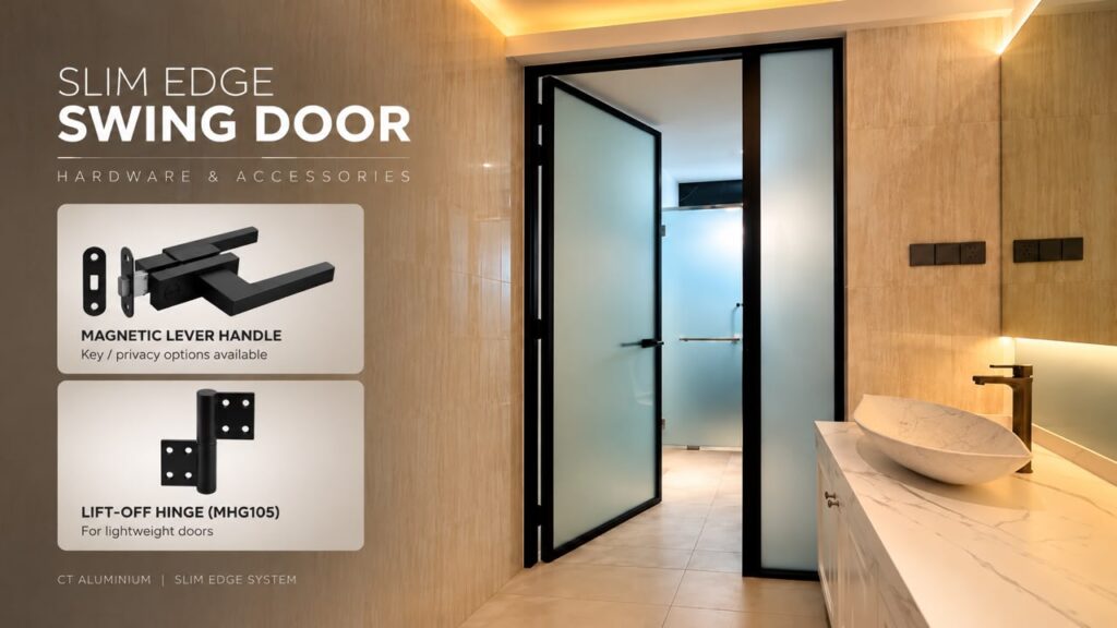 CT Aluminium Slim Edge Swing Door magnetic lever handle and lift-off hinge hardware for modern interior doors in Johor Bahru.