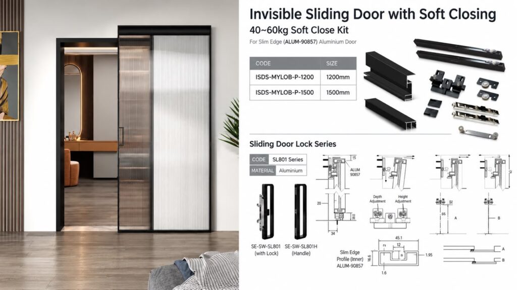 CT Aluminium Slim Edge Invisible Sliding Door soft closing hardware, sliding track and lock accessories in Johor Bahru