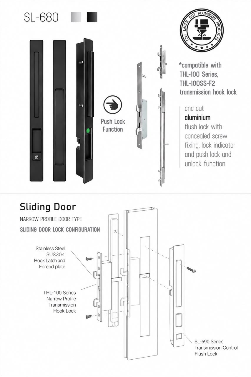 CT Aluminium sliding door flush lock system with black aluminium handle, stainless steel hook lock and concealed locking mechanism.