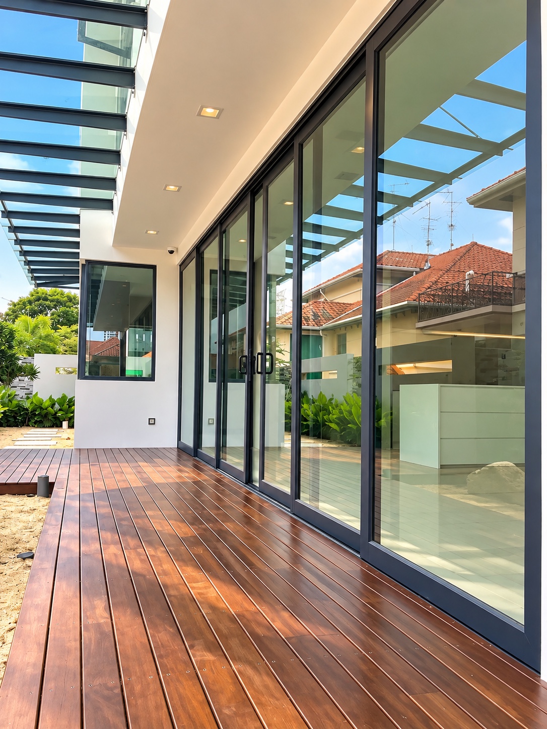 Large aluminium sliding glass doors with black frames installed at a modern residential patio