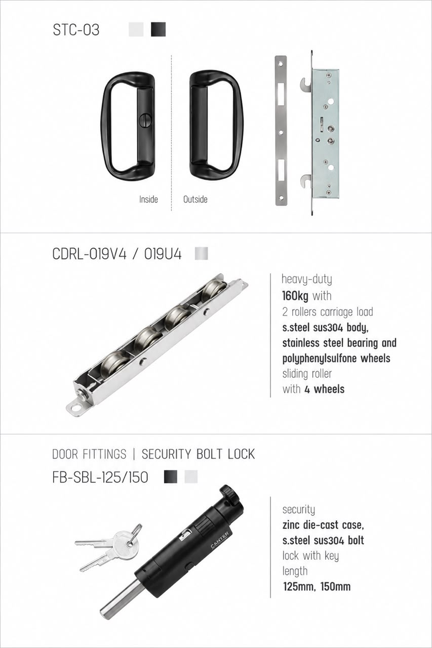 CT Aluminium sliding door hardware featuring STC-03 handle, SUS304 stainless steel heavy-duty roller and security bolt lock.