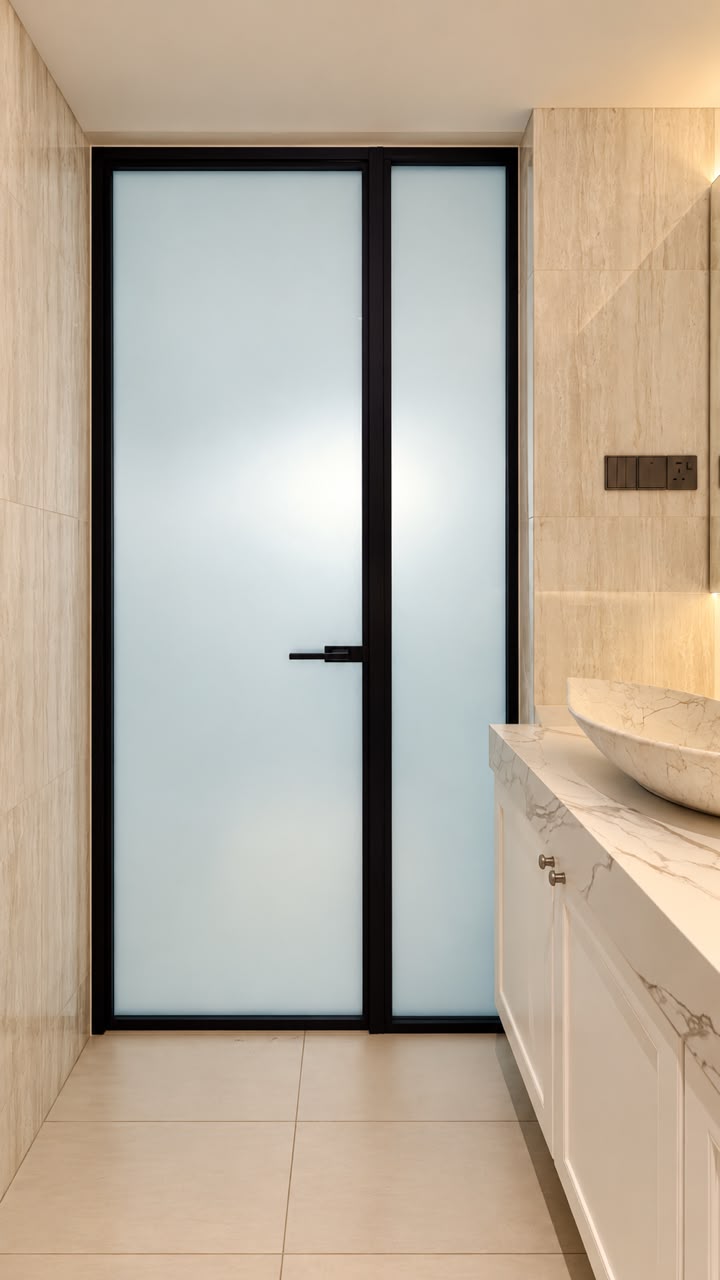 Black slim edge aluminium bathroom door with frosted glass and a fixed glass side panel by CT Aluminium