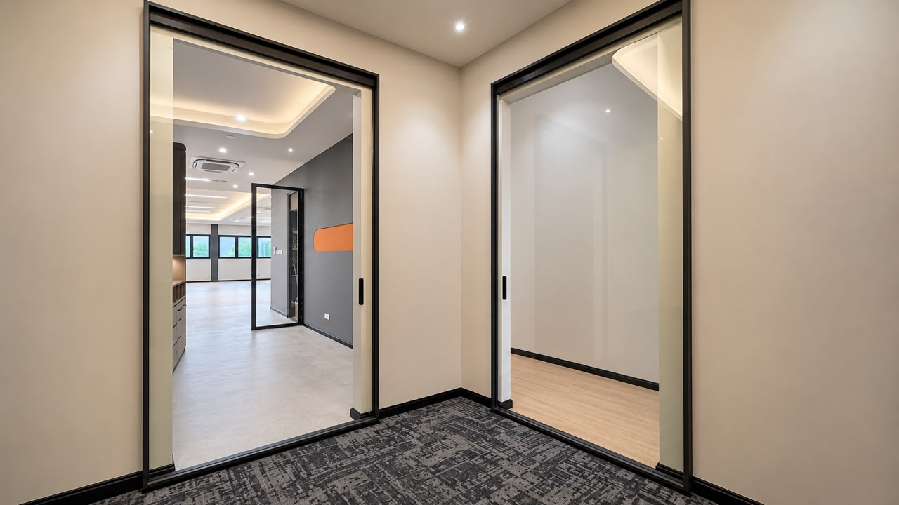 CT Aluminium Slim Edge Invisible Glass Door with minimalist black aluminium frame for modern office interiors in Johor Bahru