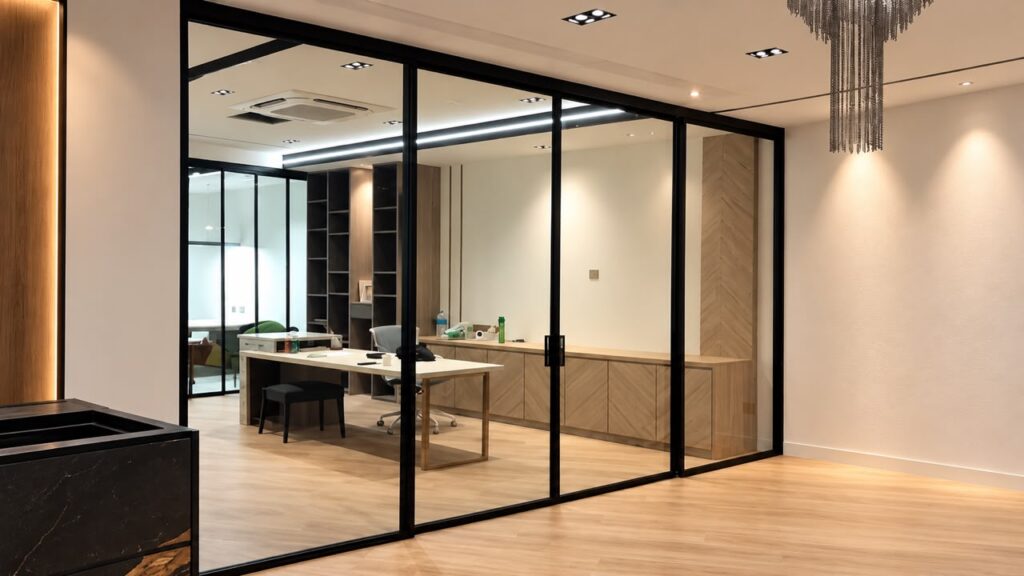 CT Aluminium Slim Edge Sliding Door with slim black aluminium frames and clear glass panels in a modern interior office partition.