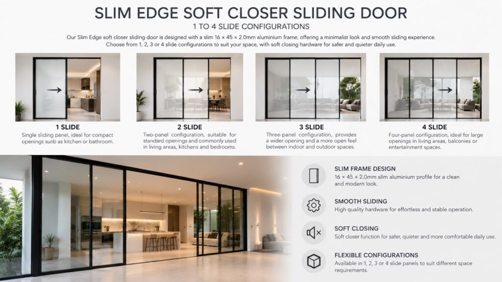 CT Aluminium Slim Edge Soft Closer Sliding Door showing 1 to 4 slide configurations, slim black aluminium frames and modern interior applications in Johor Bahru.