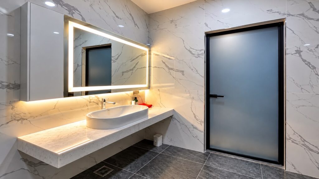 CT Aluminium Slim Edge Swing Door with black slim aluminium frame and frosted glass in a modern bathroom in Johor Bahru.